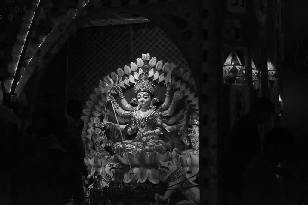 Black and white image of the Hindu goddess Durga